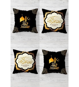 Eid Mübarak Ramazan Cami Desenli Gizli Fermuarlı Kırlent Kılıfı Koltuk Yastık Kılıfı Takım(4adet) (Gold)