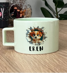 Kişiye Özel 3D Yavru Köpek Hediye Pastel Fincan İsimli İsim Yazılı (Yeşil)