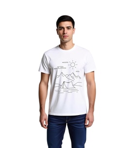 Erkek Tişört %100 Pamuk Kamp Çadır Dağ Güneş Line Art Baskı Rahat Kesim Doğa Teması Günlük Modern