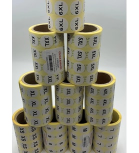 BEDEN ETİKETİ 20 MM YUVARLAK BASKILI ( XS,S,M,L,XL,2XL,3XL,4XL,5XL,6XL) ARASI 1000 ADET