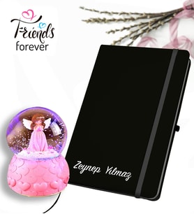 Kişiye Özel Siyah Deri Defter & Pembe Peri Işıklı Kar Küresi