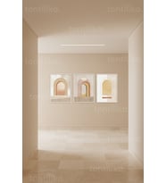 Nötr Tonlarda Minimalist Soyut Geometrik ve Kemer Motifli 3’lü Ahşap Çerçeveli Tablo Seti