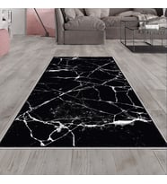 Siyah Mermer Desenli Yıkanabilir Kaymaz Taban Leke Tutmaz Modern Salon Halısı ve Yolluk (Beyaz)