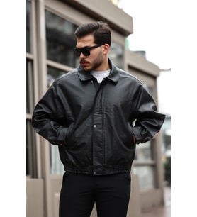 Oversize Vintage Erkek Siyah Deri Ceket