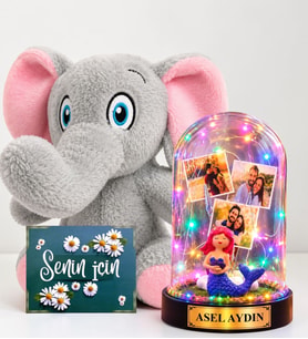 Kişiye Özel 3 Fotoğraflı Renkli LED Işıklı Fanus ve Peluş Fil Hediye Seti (denizkızı biblolu)