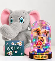 Kişiye Özel 3 Fotoğraflı Renkli LED Işıklı Fanus ve Peluş Fil Hediye Seti (denizkızı biblolu)