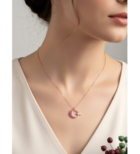 925 Ayar Gümüş Ay Yıldız Minimal Kadın Kolye (Rose Gold Altın)