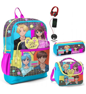 Coral High Mavi Pembe Anime USB Soketli Üçlü İlkokul Çanta Seti - Kız Çocuk