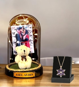 Size Özel Fotoğraflı & İsimli Peluş Ayıcıklı Fanus & Lotus Kolye  Led Işıklı Hediye Seti