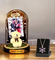 Size Özel Fotoğraflı & İsimli Peluş Ayıcıklı Fanus & Lotus Kolye  Led Işıklı Hediye Seti