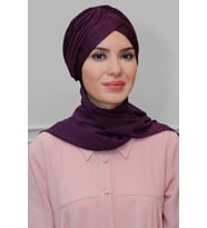Mürdüm Pratik Hazır Geçmeli Tesettür Bone Fukuro Piliseli Tek Çapraz Büzgülü Şifon Atkılı 1824A_07