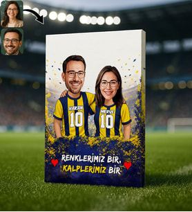 BK Gift Kişiye Özel İsimli Sarı-Lacivert Sevgili Karikatürlü Kanvas Tablo - Ev Hediyesi, Doğum Günü Hediyesi, Taraftar Hediyesi