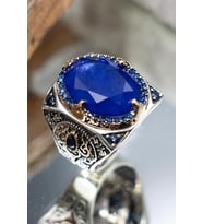 Lacivert Paraiba Ve Zirkon Taşlı 925 Ayar Gümüş Erkek Yüzük