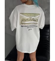 Kadın Baskılı T-Shirt Kısa Kol Bisiklet Yaka Oversize Rahat Kalıp Günlük Tişört - Beyaz