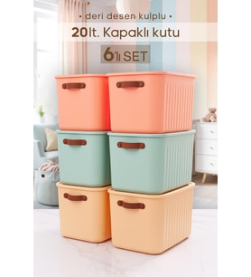 6 Adet Kulplu Karışık Renkli Dolap Düzenleyici 20 Lt Kapaklı Saklama Kutusu Sepet Oyuncak Kutusu Organizer