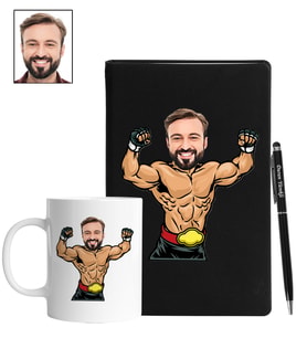 Kişiye Özel Güreşçi Tasarımlı Karikatür Siyah Defter Kalem Kupa Seti 99