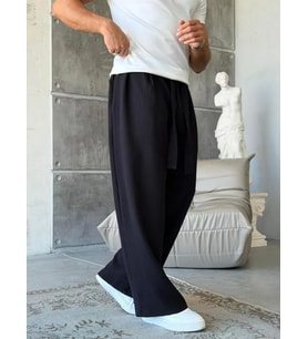 Ottoman kumaş FİTİLLİ Wide Leg Pantolon -SİYAH