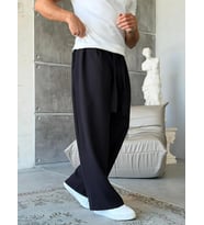 Ottoman kumaş FİTİLLİ Wide Leg Pantolon -SİYAH