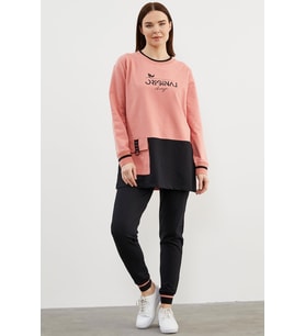 Triko Yaka Detaylı Oversize Eşofman Takım - Pembe