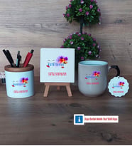 Estetisyen Dekoratif Taş, Kalemlik, Sihirli Oval Kupa Bardak, Ahşap Anahtarlık Hediye (Model 1)
