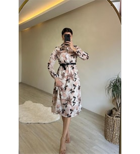 Neşeli butik kadın desenli gömlek yaka midi elbise NM011 (Bej)