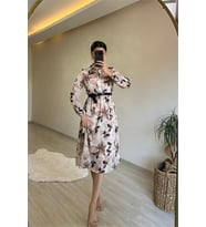 Neşeli butik kadın desenli gömlek yaka midi elbise NM011 (Bej)