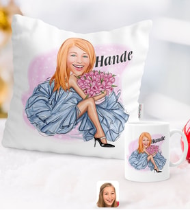 BK Gift Kişiye Özel Karikatürlü Moda İkonu Yastık Kupa Seti 7 (Model 1)