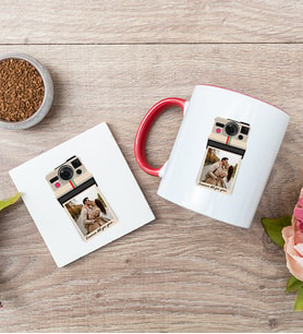 Kişye Özel Polaroid Tasarım Fotoğraflı Kırmızı Kupa ve Bardak Altlığı