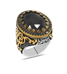 Oval Tasarım Faset Siyah Zirkon Taşlı 925 Ayar Gümüş Erkek Yüzük (Siyah-Gold)