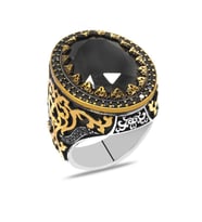 Oval Tasarım Faset Siyah Zirkon Taşlı 925 Ayar Gümüş Erkek Yüzük (Siyah-Gold)
