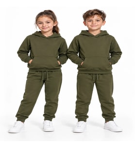 Unisex Kız Erkek Çocuk Haki Kapüşonlu Kanguru Cepli Jogger Eşofman Takımı