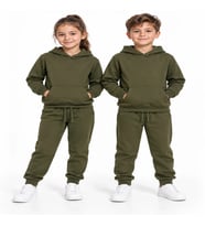 Unisex Kız Erkek Çocuk Haki Kapüşonlu Kanguru Cepli Jogger Eşofman Takımı