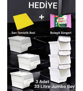 Technow Motek 33 Litre Beyaz Gri 3*33 Lt 3'lü Set Organizer + Temizlik Seti
