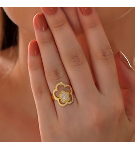 Ççiçekli Gold 925 Ayar Gümüş Kadın Yüzük