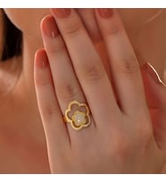 Ççiçekli Gold 925 Ayar Gümüş Kadın Yüzük