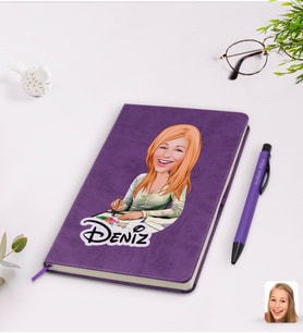 BK Gift Kişiye Özel Kadın Grafik Tasarımcı Karikatürlü Mor Termo Deri Defter Kalem Seti Model 1