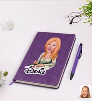 BK Gift Kişiye Özel Kadın Grafik Tasarımcı Karikatürlü Mor Termo Deri Defter Kalem Seti Model 1