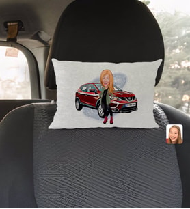 BK Gift Kişiye Özel Plakalı Kadın Nissan Qashqai Karikatürlü Dikdörtgen Araç Koltuk Yastığı-2