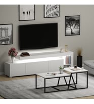 Beliz LED Işıklı TV Sehpası ve Minimal 2'li Orta Sehpa Takımı – Beyaz – Modern Oturma Odası Seti