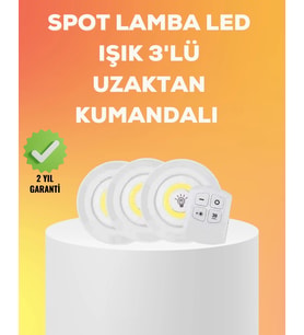 Çok Amaçlı Kullanım İçin Kablosuz Yapışkanlı 3 Lü Uzaktan Kumandalı Led Spot Lamba