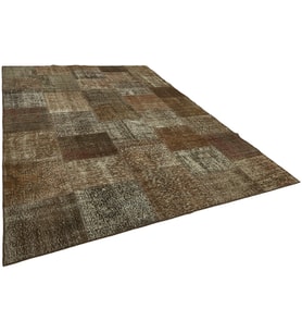 Modern Geometrik Desenli Kahverengi Bej Salon Halısı El Dokuma Patchwork Melanje Görünüm
