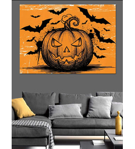 Turuncu Kabak Ve Yarasa Halloween Dekoratif Kanvas - Mdf Ahşap Tablo