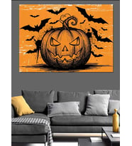 Turuncu Kabak Ve Yarasa Halloween Dekoratif Kanvas - Mdf Ahşap Tablo