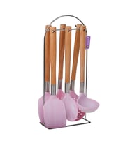 Metal Stantlı Silikon Bambu Sap Servis Takımı 7 Parça Pembe