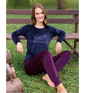 Pijamoni Kadın Kışlık Bisiklet Yaka Likralı Kadife Pijama Takımı 4210/3- 1 Adet (Lacivert)