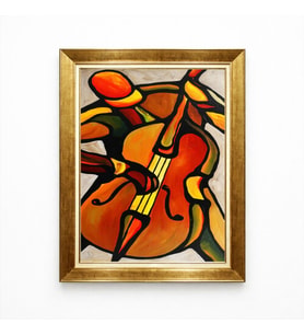 Tablore Çello Müzisyen Temalı Soyut Kübik Sanat Yağlı Boya Dokulu Çerçeveli Duvar Tablosu