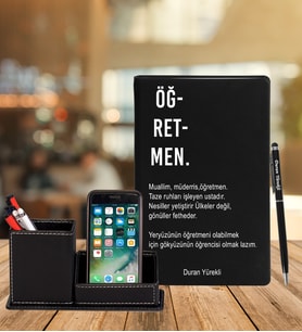 Kişiye Özel Öğretmen Tasarımlı Deri Defter & Roller Kalem & Ahşap Mdf Kalemlik (Siyah)