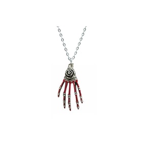 Cadılar Bayramı İskelet Eli Kırmızı Renkli Gül Detaylı Gotik Kolye (Gümüş)