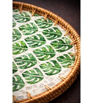 2'Lİ RATTAN SEDEFLİ TEPSİ-ÖZEL GÜN,SUNUM,HEDİYE,ÇEYİZ,EV,OFİS,ŞIK,MODERN-KÜÇÜK 29 CM BÜYÜK 35 CM ÇAP- (Ebru Yeşil)