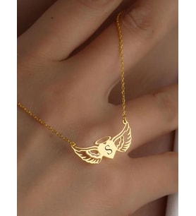 Kişiye Özel 925 Ayar Gümüş Zarif Minimal Melek Kanatlı Kalp Harf Kolye (Gold)
